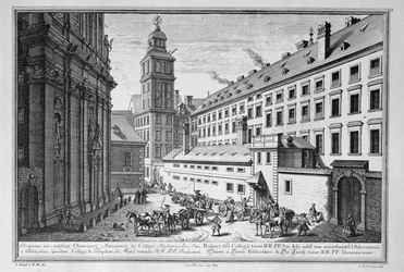 Ansicht des neuen Observatoriums im Jesuitenkolleg, Wien, zeigt auch die Bibliothek und die Kirche St. Maria Rotunda, gestochen von Johann-August Corvinus (1683-1738)